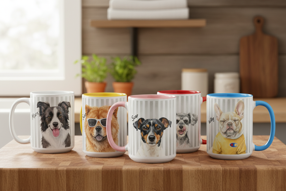 Pet Mug Collection Close-up Kitchen Scene